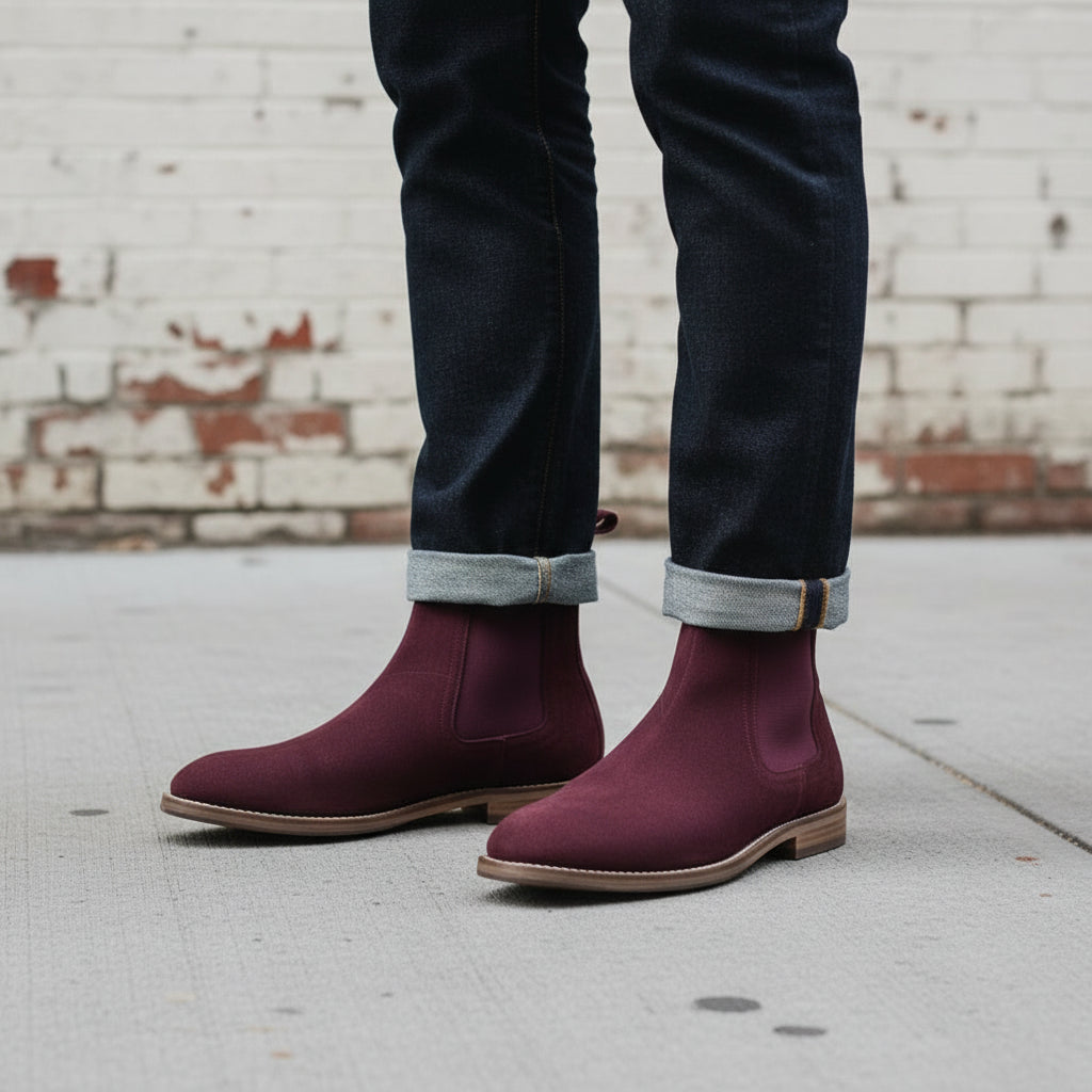 Handmade Men's Burgundy Suede Chelsea Ankle Boots