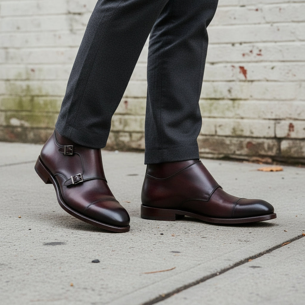 Handcrafted Men's Brown Leather Double Monk Strap Boots