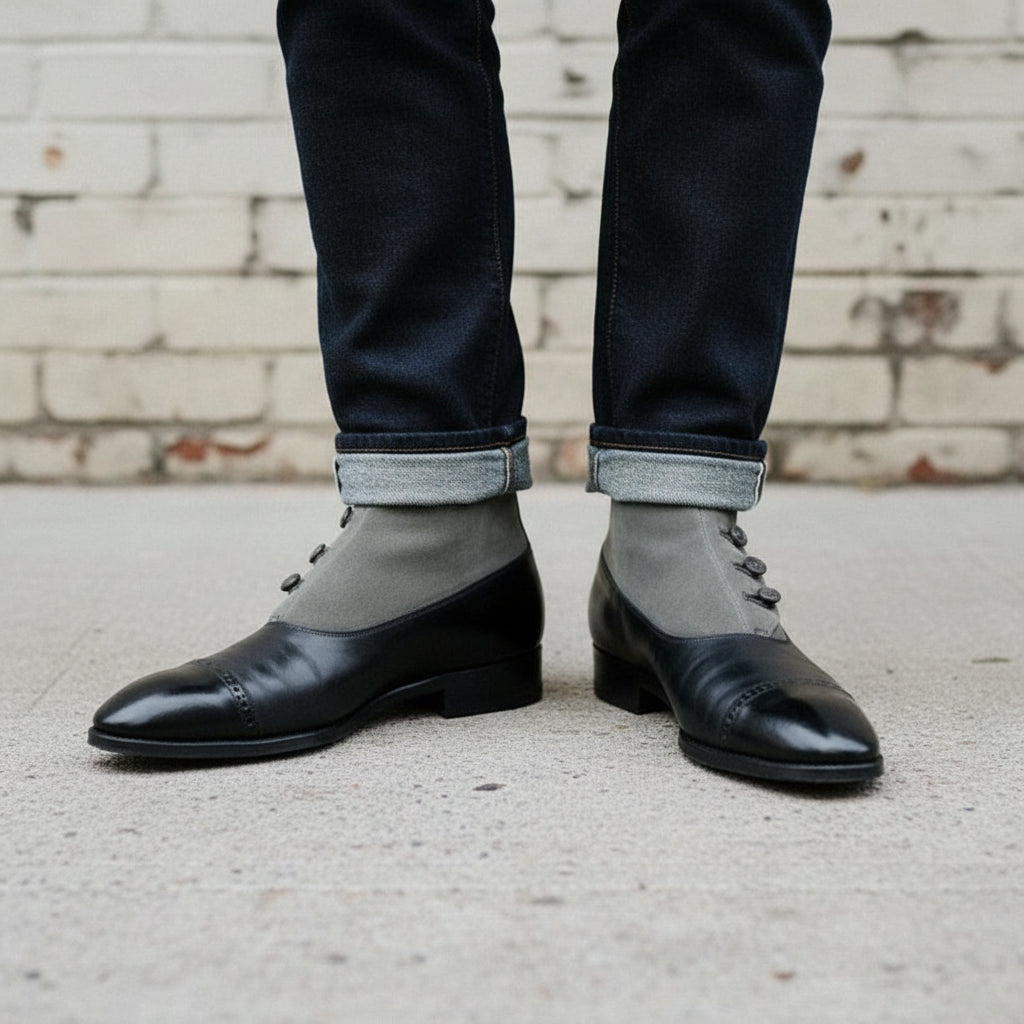 Men's Black and Gray Button Boots, Men Formal Boot, Ankle Leather Boot