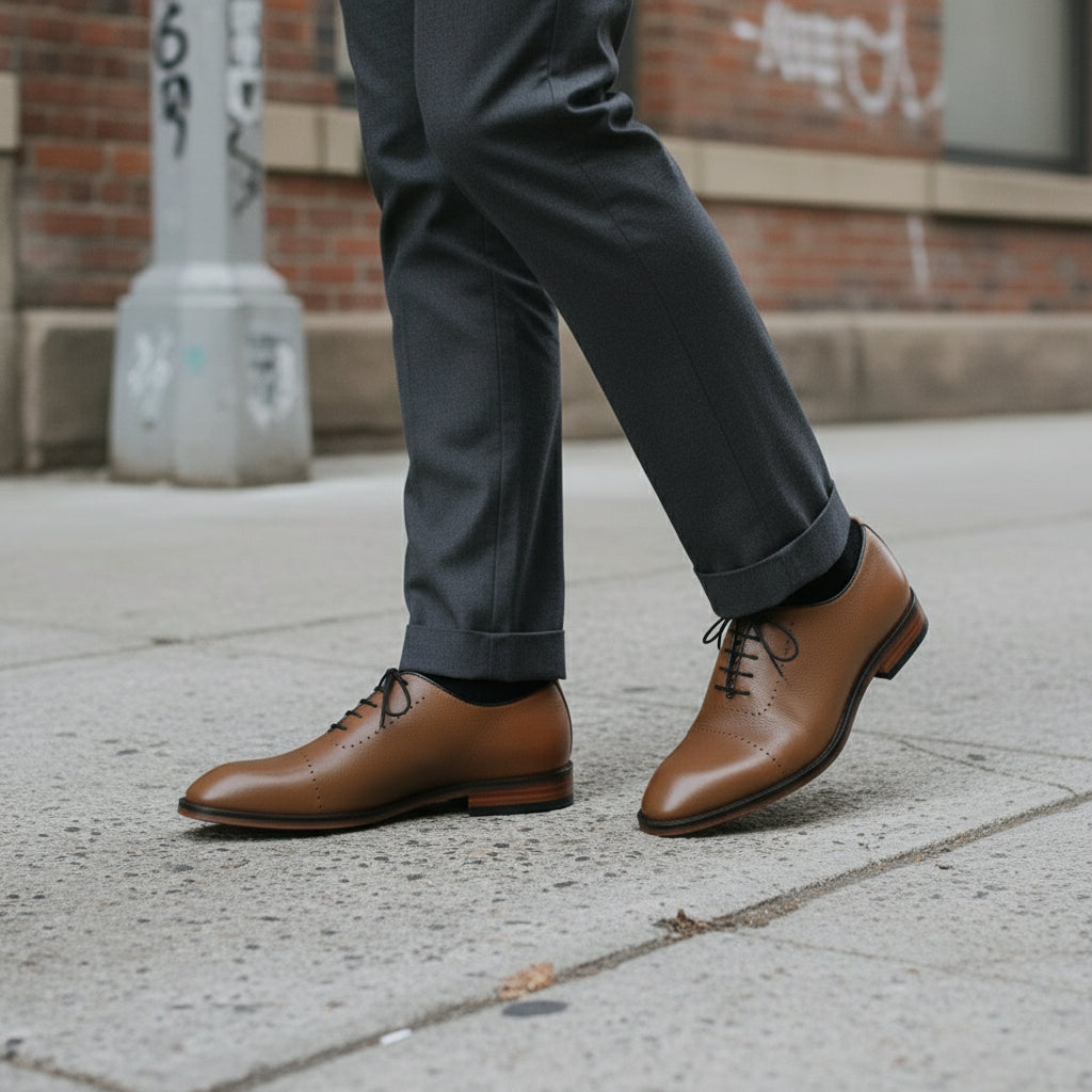 Men's Brown Cap-Toe Pebbled Leather Oxfords — Mistley