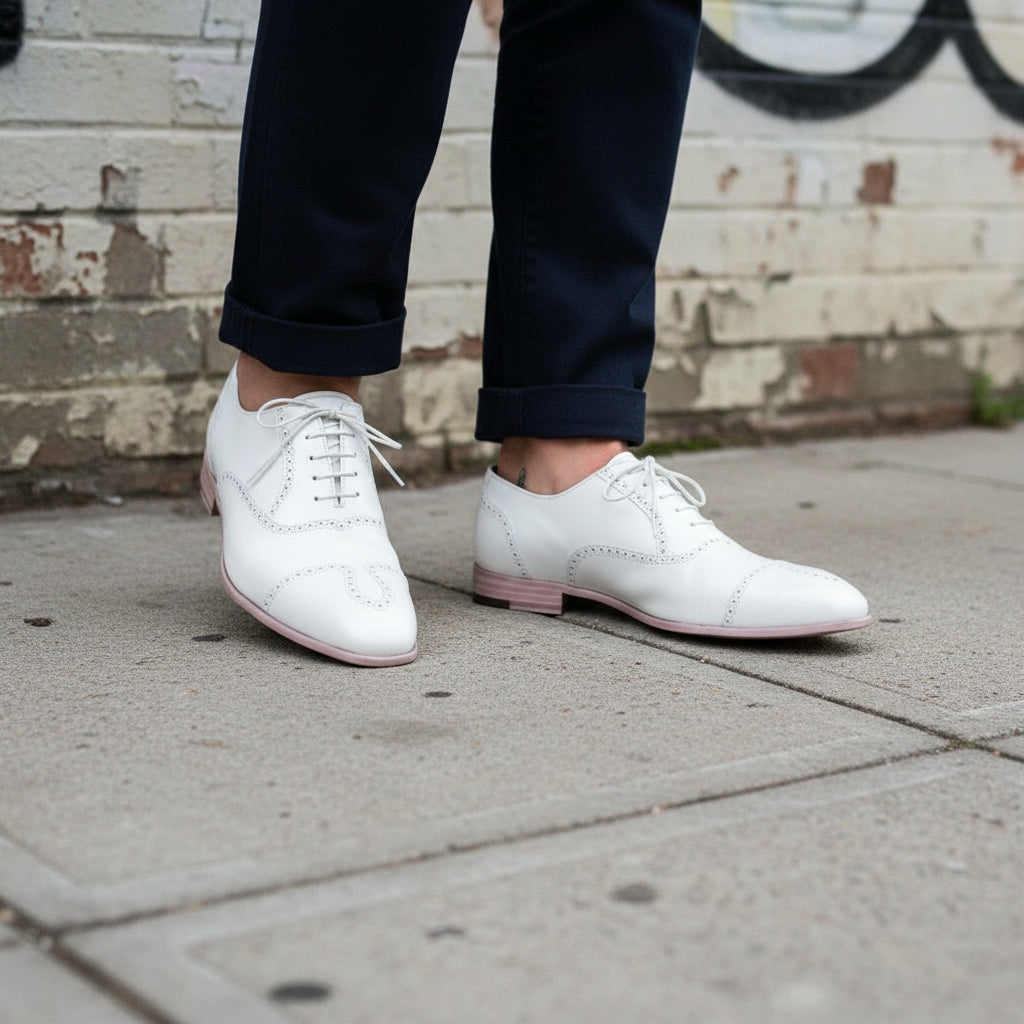 Men's White Wingtip Lace-Up Full-Grain Leather Dress Shoes