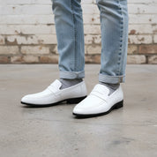 Men's White Handmade Full-Grain Leather Penny Loafers