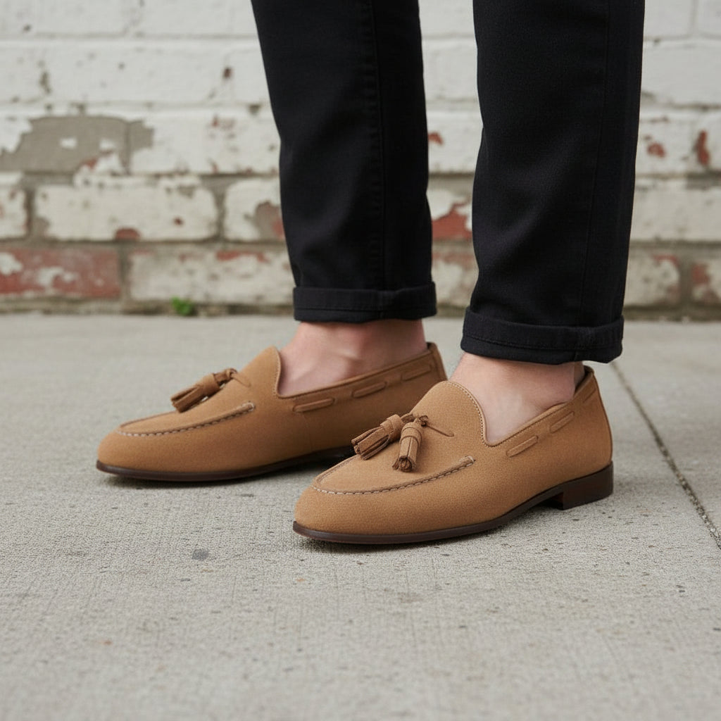 Handmade Men's Beige Suede Tassel Loafers