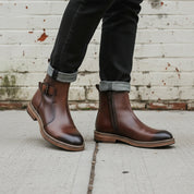 Handcrafted Full-Grain Leather Ankle Boots with Buckle Strap & Zipper