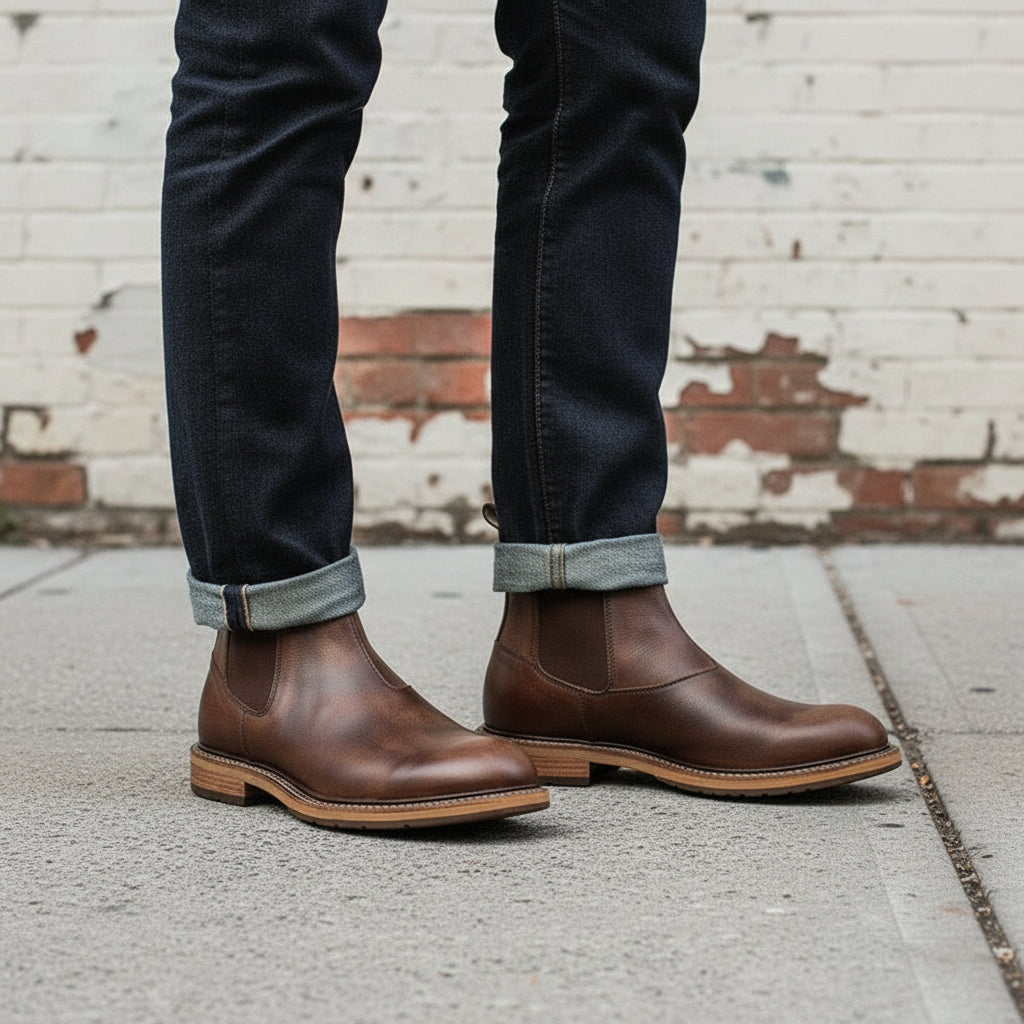 Men's Brown Rustic Leather Elastic Gore Chelsea Ankle Boots