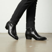 Men's Black High Heel Zipper Full-Grain Leather Dress Boots