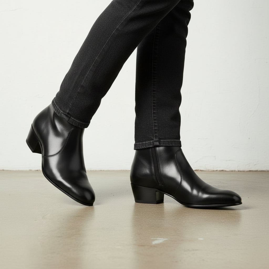 Men's Black High Heel Zipper Leather Dress Boots