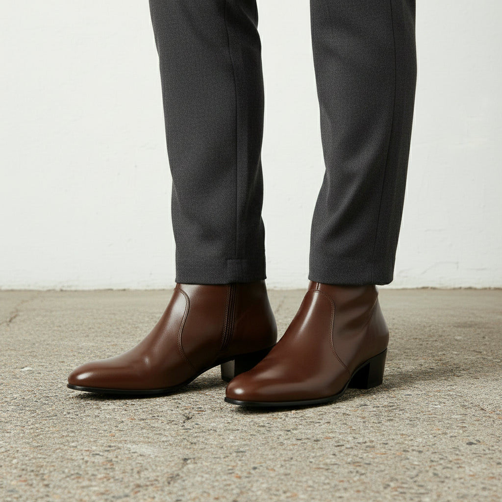 Men's Brown High Heel Zipper Full-Grain Leather Dress Boots