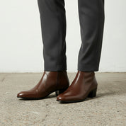 Men's Brown High Heel Zipper Full-Grain Leather Dress Boots