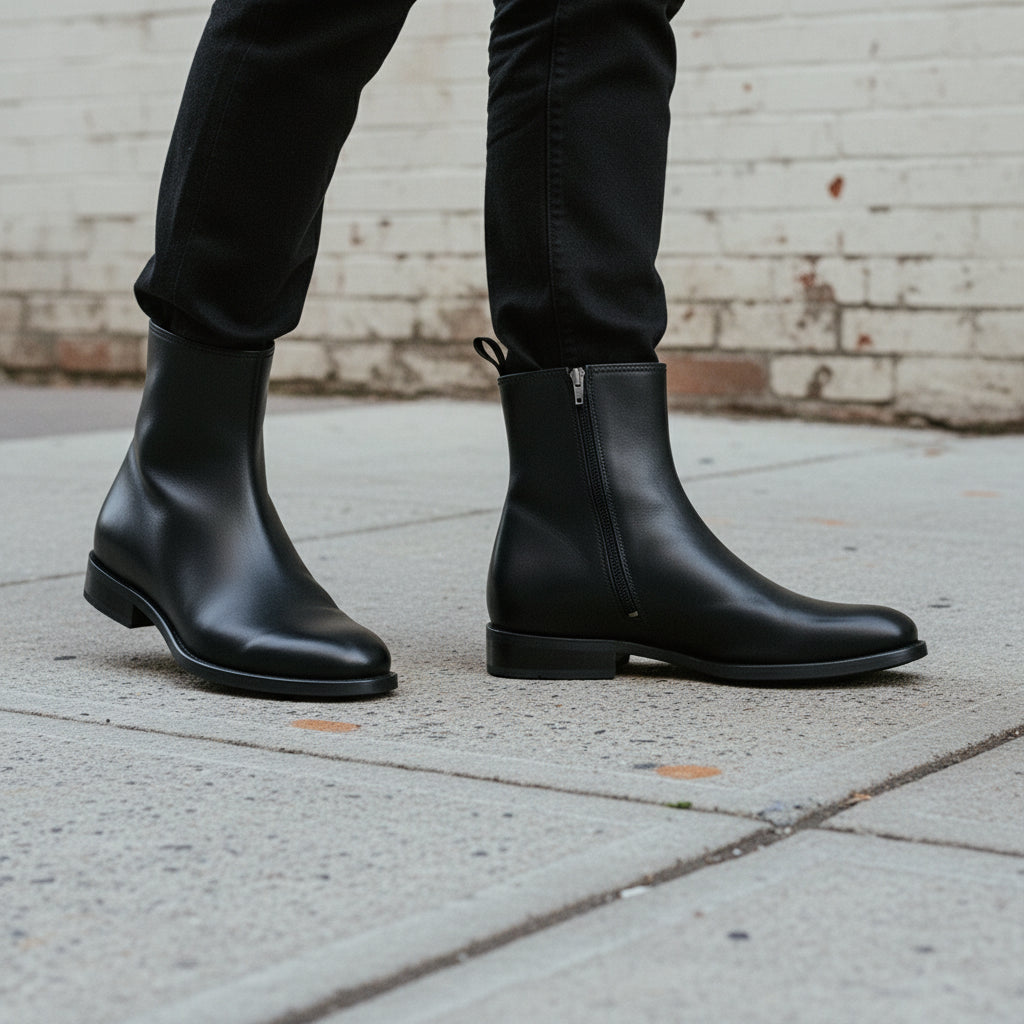 Men's Black Full-Grain Leather High Ankle Boots with Side Zippers