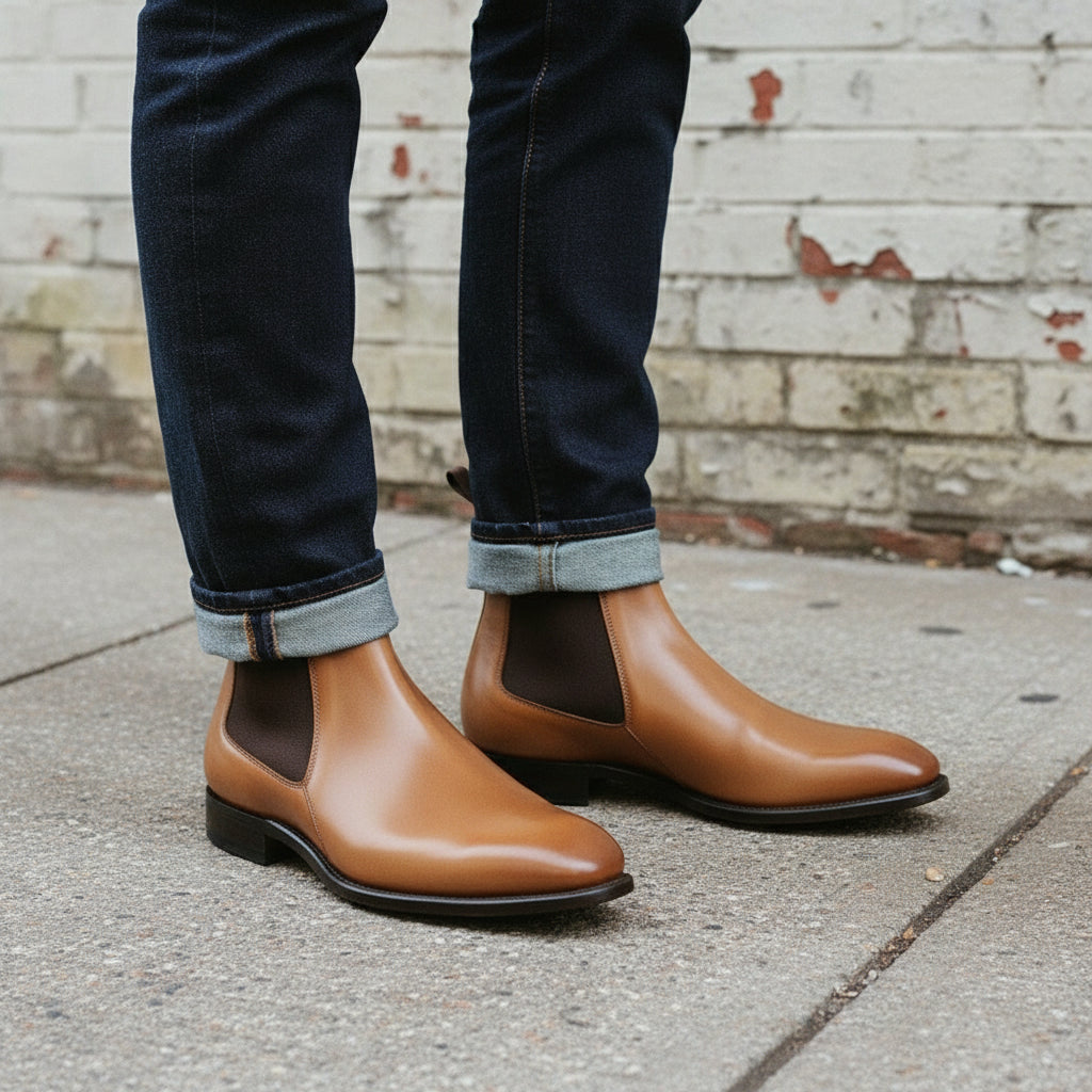 Men's Tan Plain-Toe Leather Chelsea Boots — Erwood