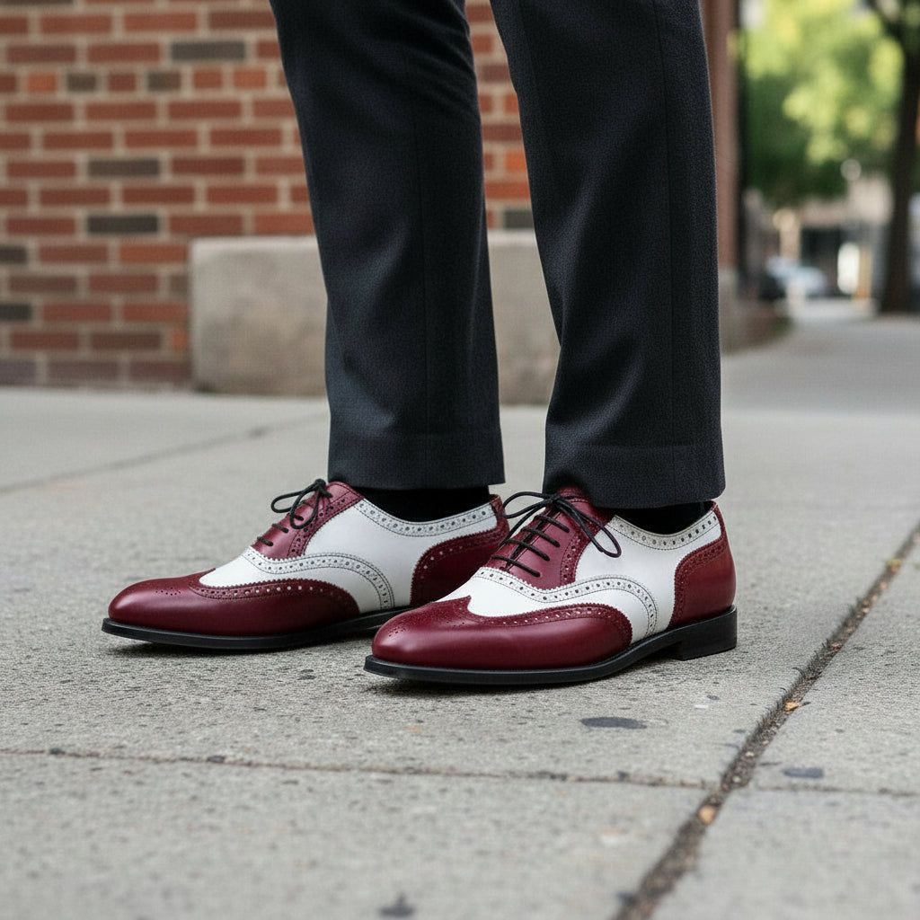 Men’s Burgundy Wingtip Spectator Shoes, Two-Tone Formal Dress Shoes