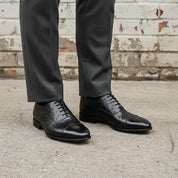 Men's Black Cap-Toe Ostrich-Embossed Leather Oxfords