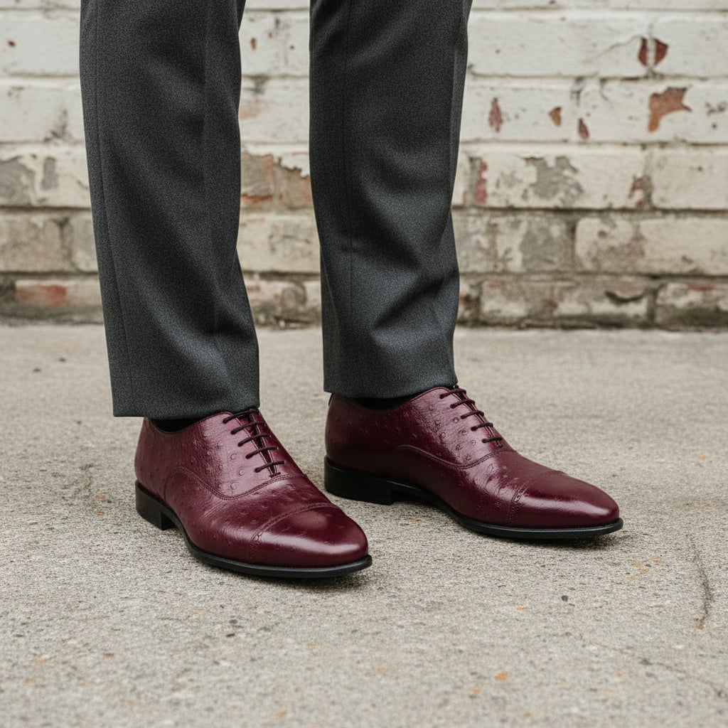 Men's Burgundy Cap-Toe Ostrich-Embossed Leather Oxfords