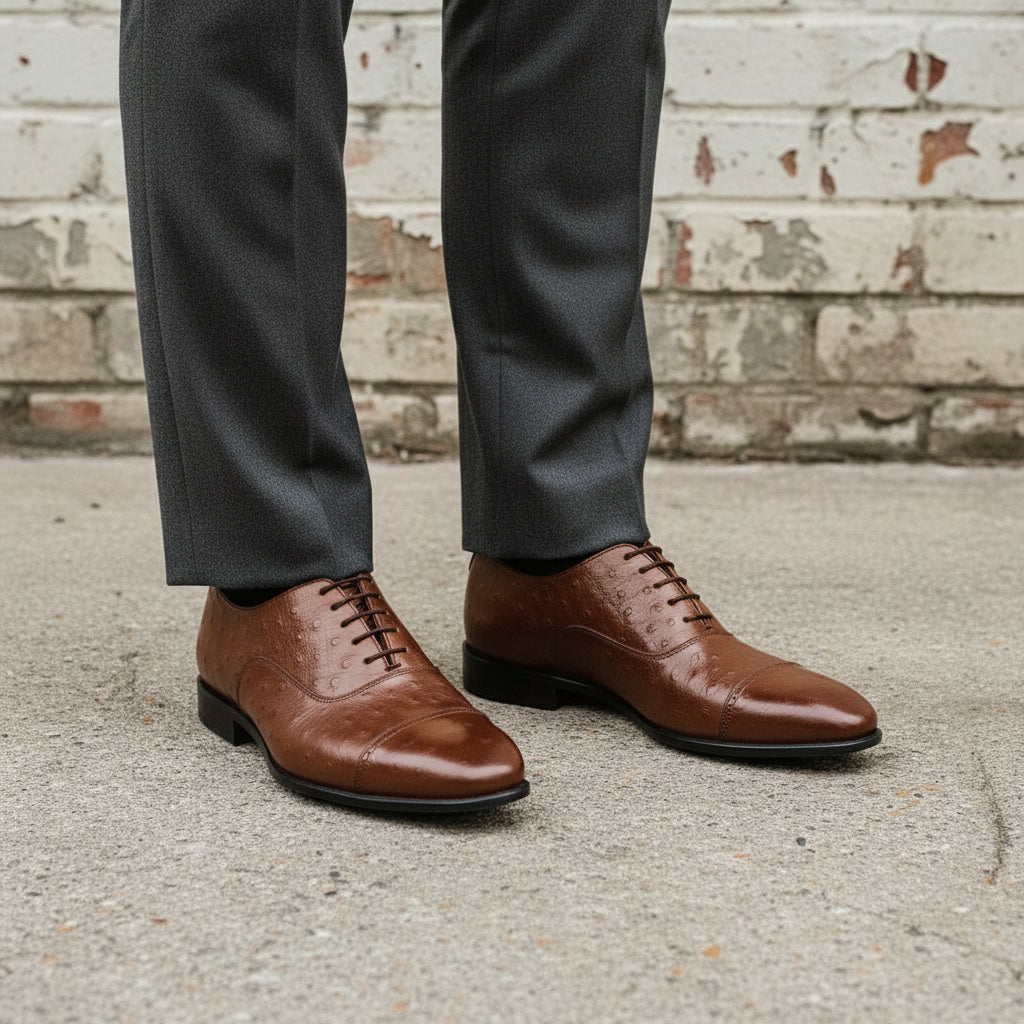 Men's Brown Cap-Toe Ostrich-Embossed Leather Oxfords