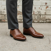 Men's Brown Cap-Toe Ostrich-Embossed Leather Oxfords