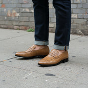 Men's Tan Alligator-Embossed Leather Penny Loafers
