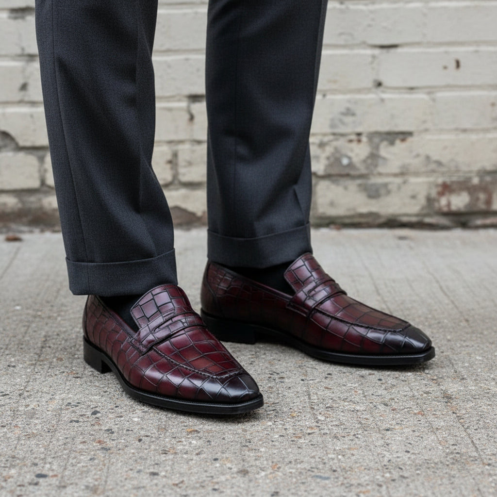 Handmade Men's Alligators Shoes, Crocodile Embossed Leather Moccasins