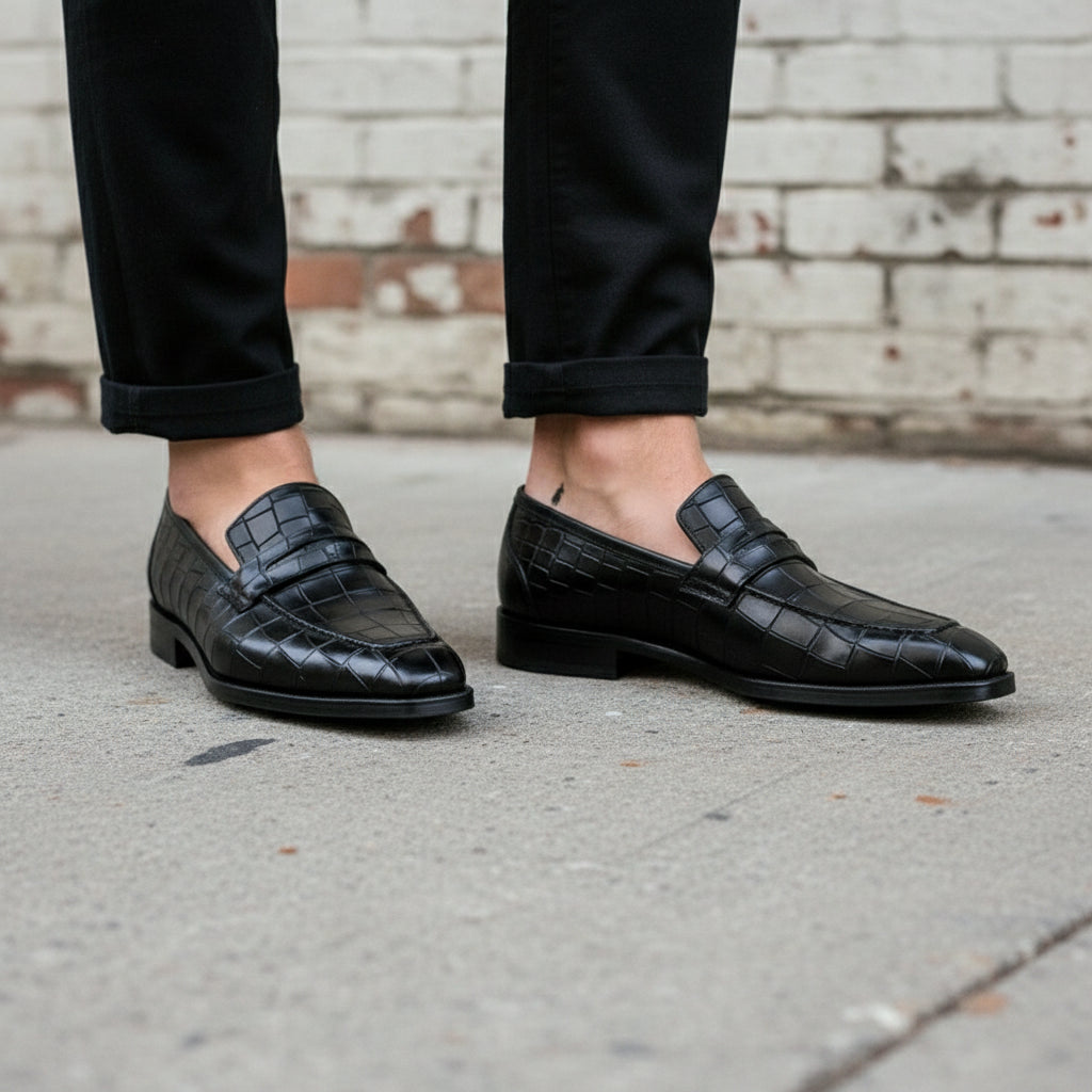 Men's Black Alligator-Embossed Leather Penny Loafers