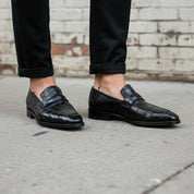 Men's Black Alligator-Embossed Leather Penny Loafers