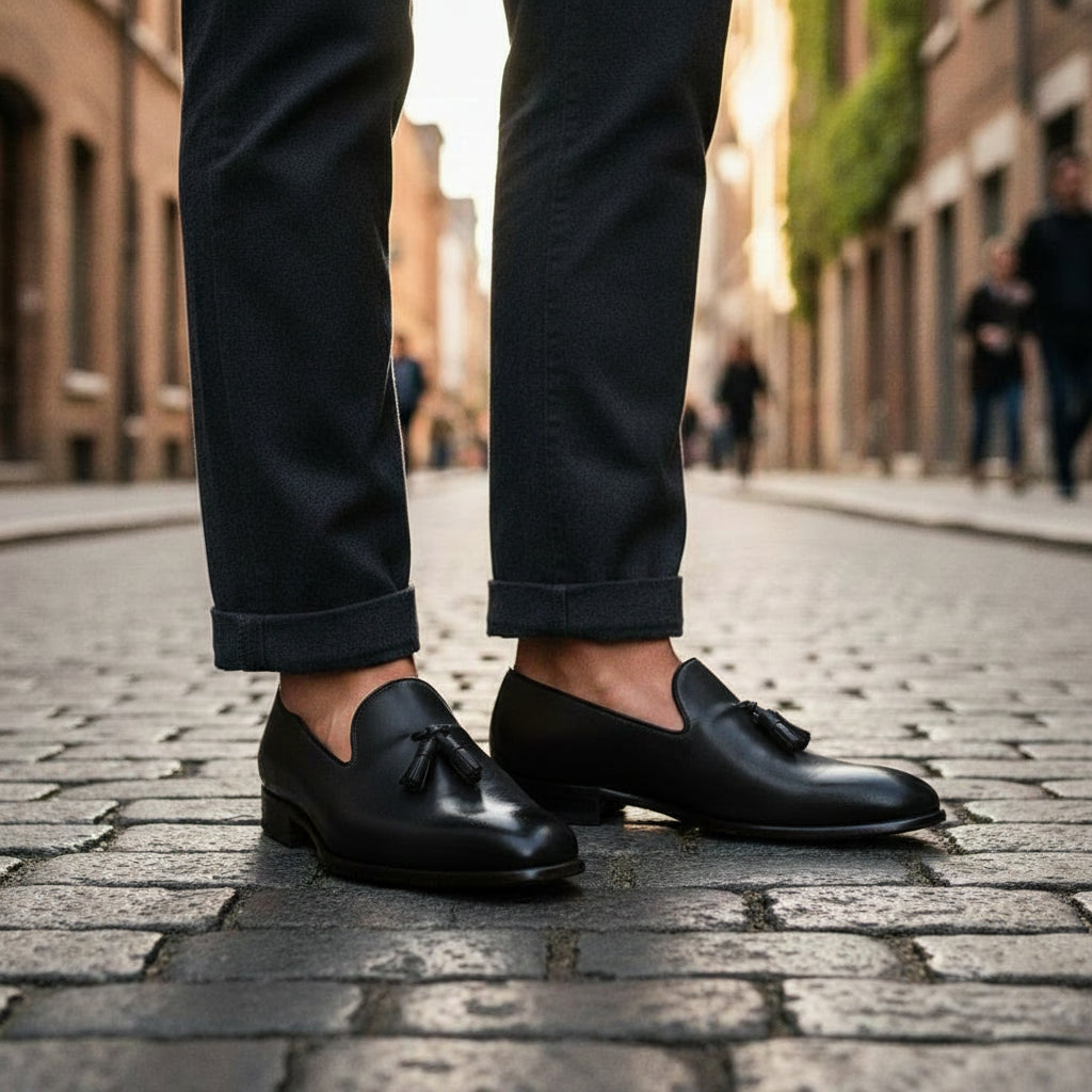 Men's Rich Black Tassel Loafer Handcrafted Calf Leather Dress Shoes