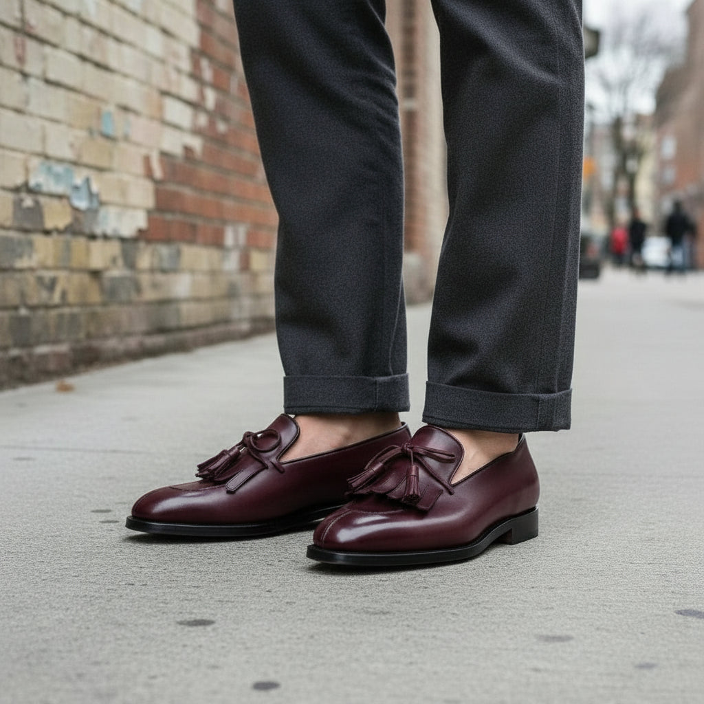 Men's Burgundy Fringe Leather Tassel Loafers