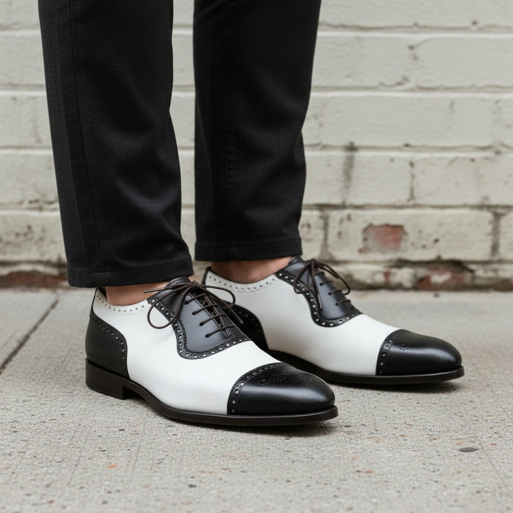 Handmade Mens Two Tone Formal Shoes, Black and White Spectator Shoes