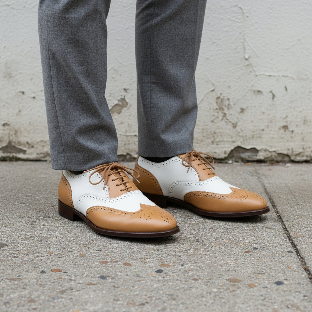 Handmade Mens Two Tone Formal Shoes, Tan and White Spectator Shoes