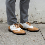 Handmade Mens Two Tone Formal Shoes, Tan and White Spectator Shoes