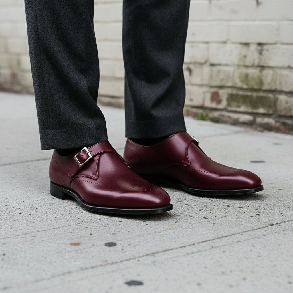 Men's Burgundy Plain-Toe Leather Monk Strap Shoes