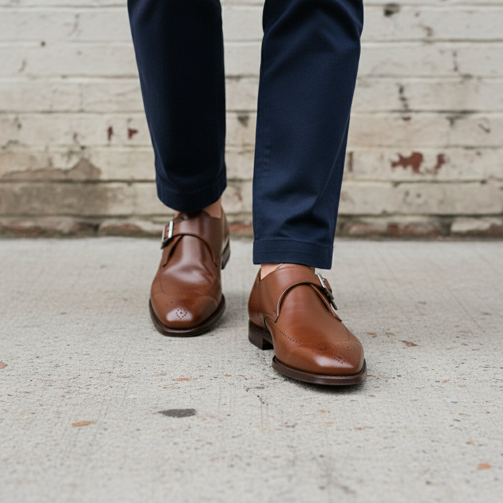 Men's Brown Plain-Toe Leather Monk Strap Shoes