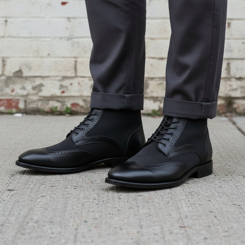 Men's Black Wingtip Leather and Suede Derby Boots