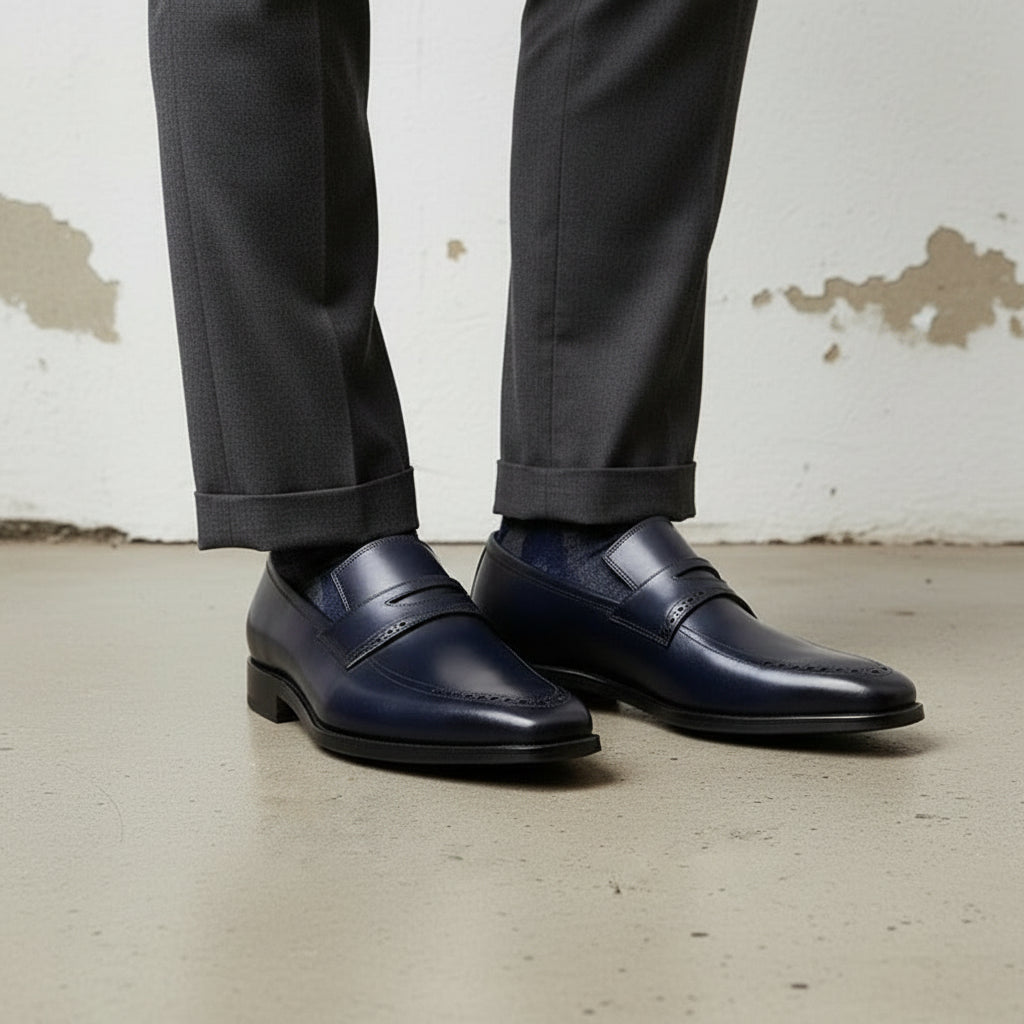 Men's Dark Blue Cap-Toe Leather Penny Loafers