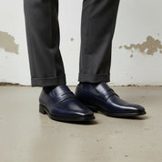 Men's Dark Blue Cap-Toe Leather Penny Loafers