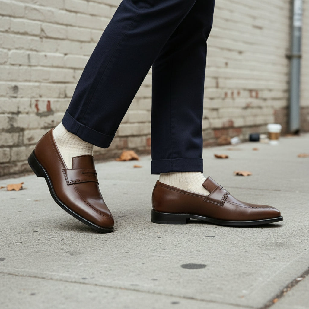 Men's Brown Cap-Toe Leather Penny Loafers