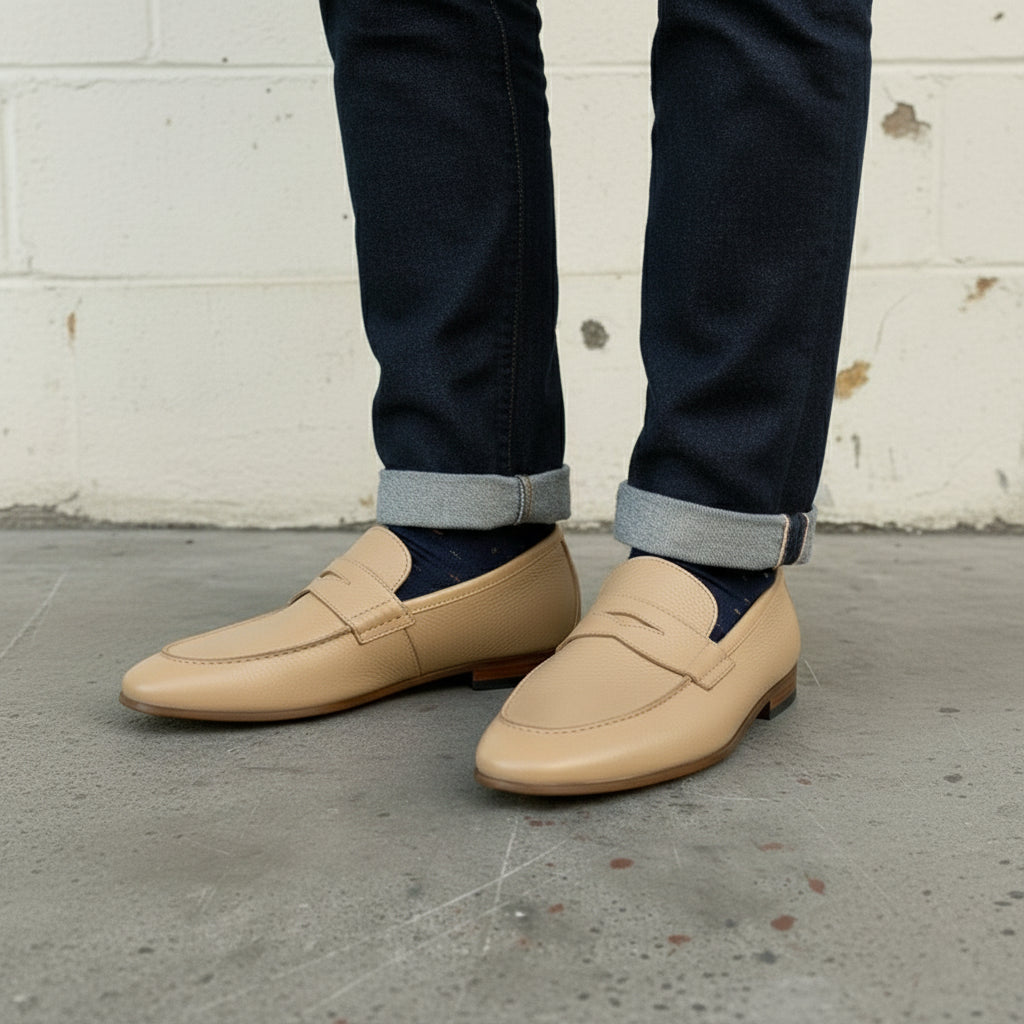 Handcrafted Men's Tan Leather Moccasin Loafers