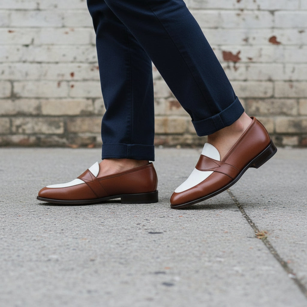 Men's Brown and White Two-Tone Leather Loafers