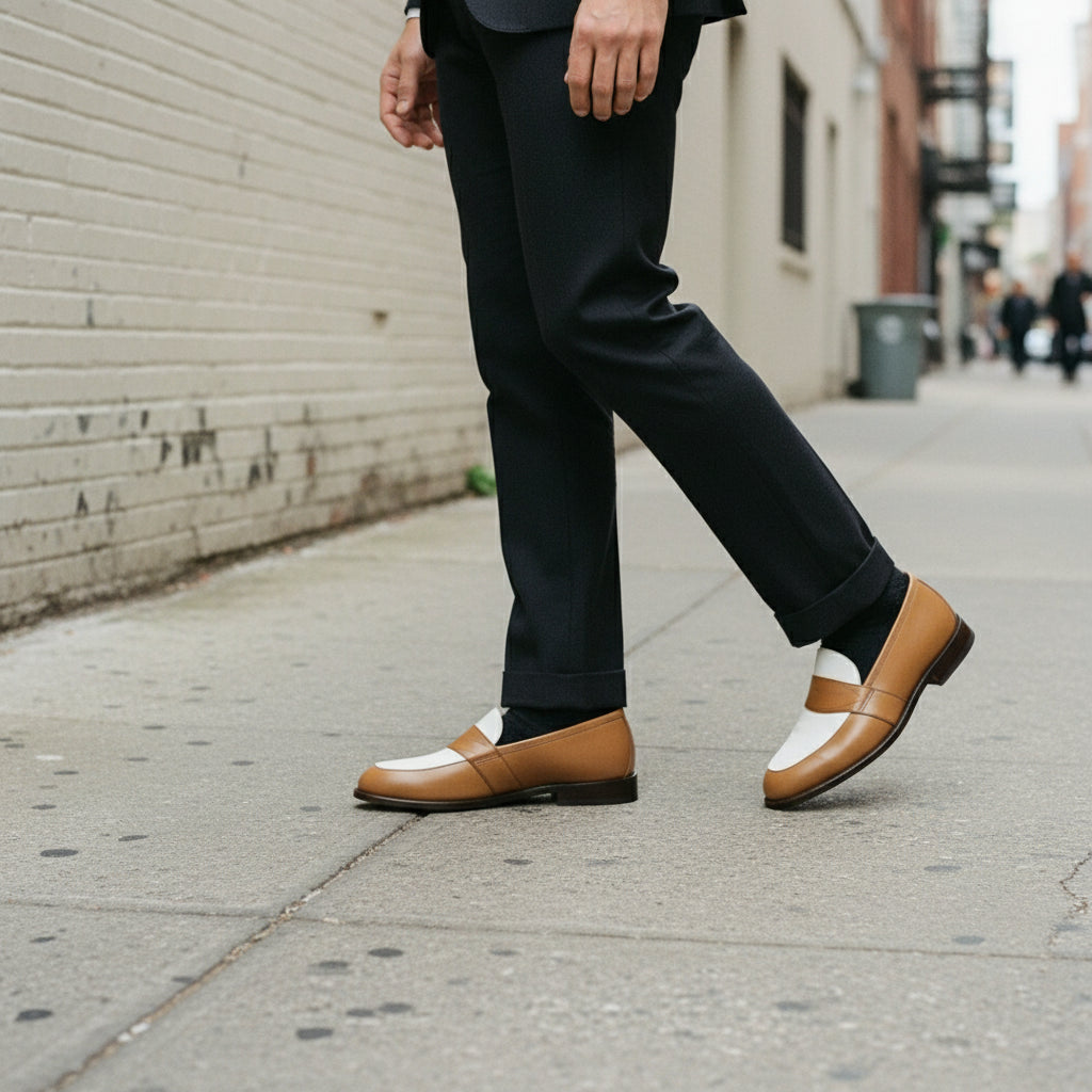 Men's Tan and White Leather Loafers
