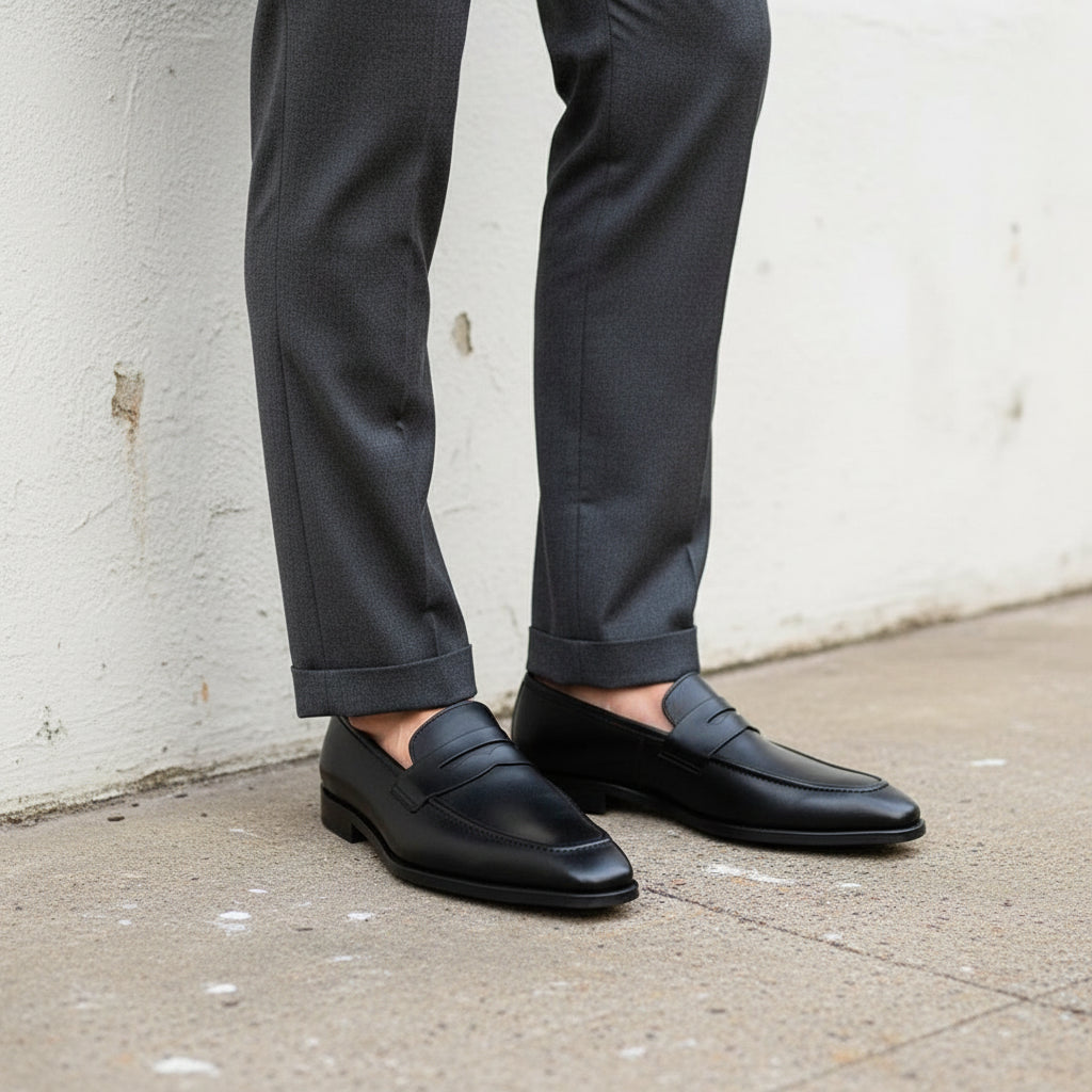 Men's Black Apron-Toe Leather Penny Loafers