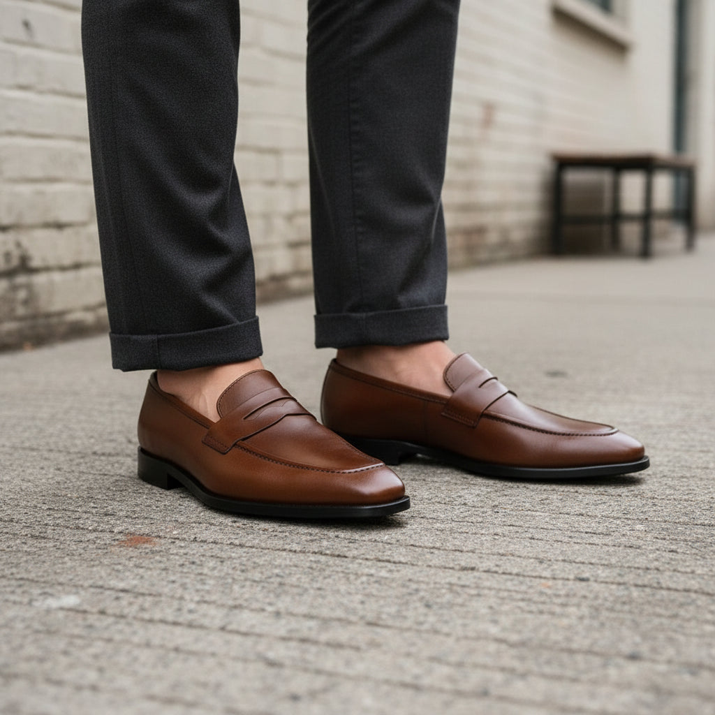 Men's Brown Apron-Toe Leather Penny Loafers