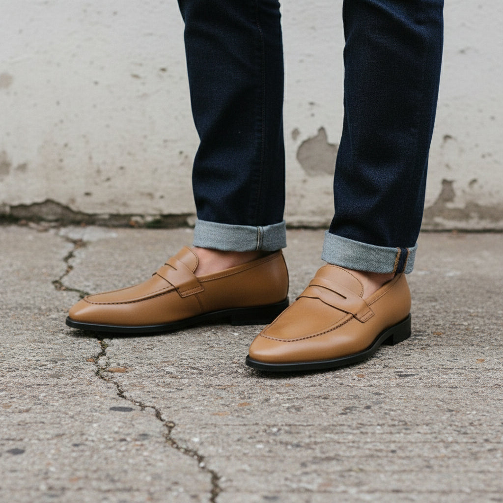 Men's Tan Apron-Toe Leather Penny Loafers