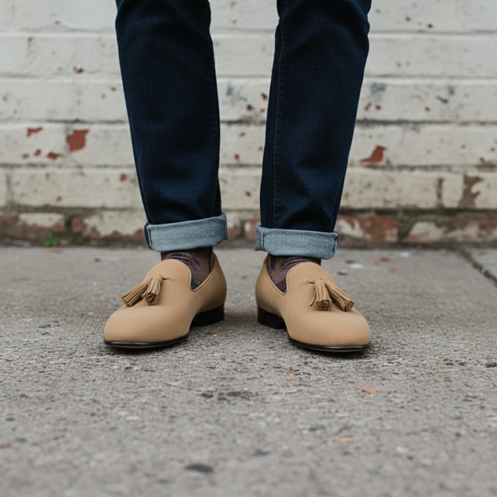 Men's Tan Plain-Toe Suede Tassel Loafers