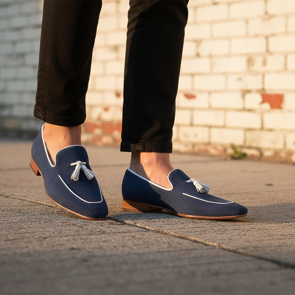 Men's Navy Blue Suede Tassel Loafers
