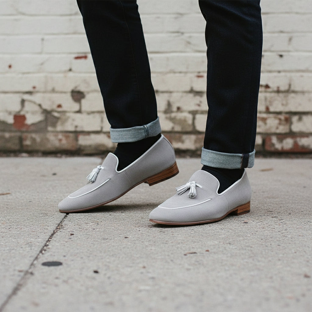 Handmade Men's Light Gray Suede Leather Loafers