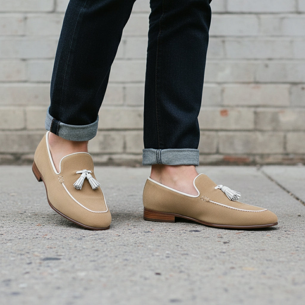 Handmade Men's Tan Suede Leather Loafers