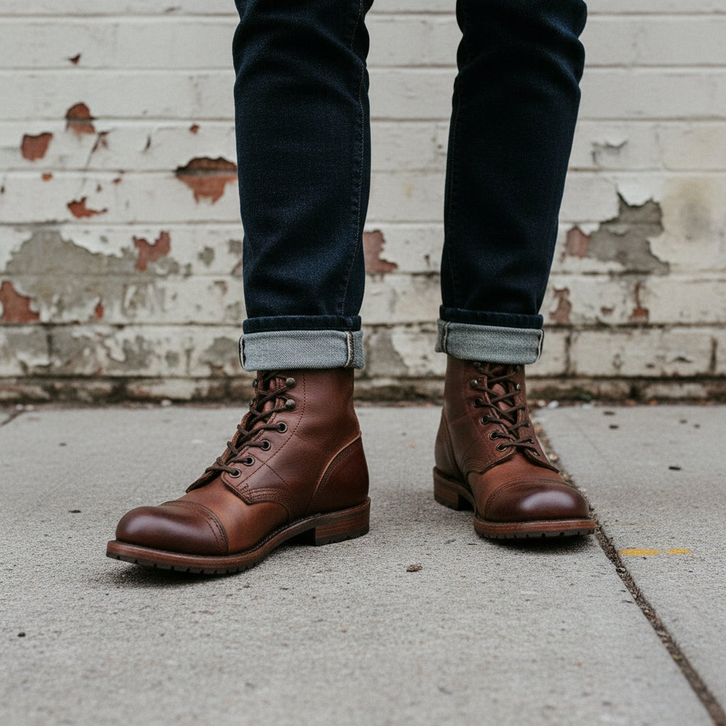 Men's Brown Cap-Toe Leather Combat Boots