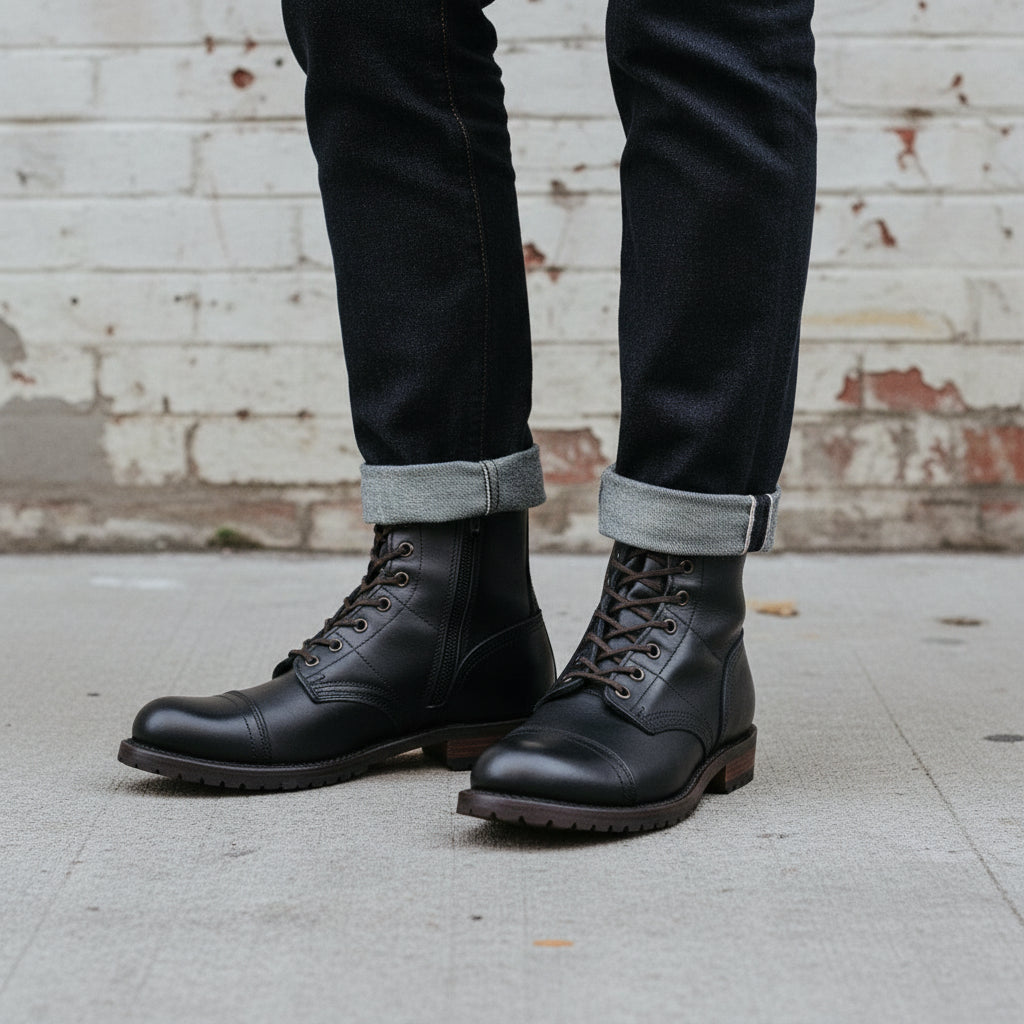 Men's Black Cap-Toe Leather Combat Boots