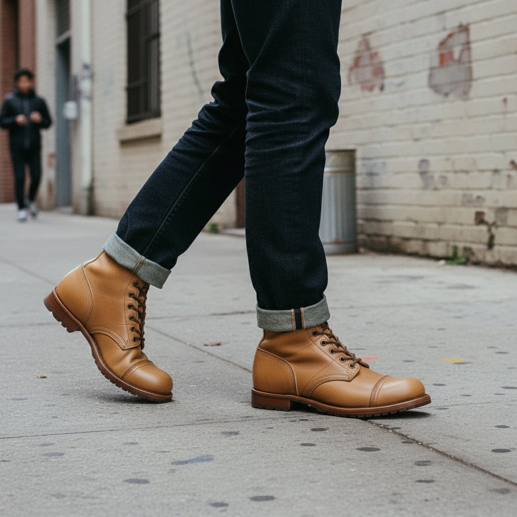Men's Tan Cap-Toe Leather Combat Boots