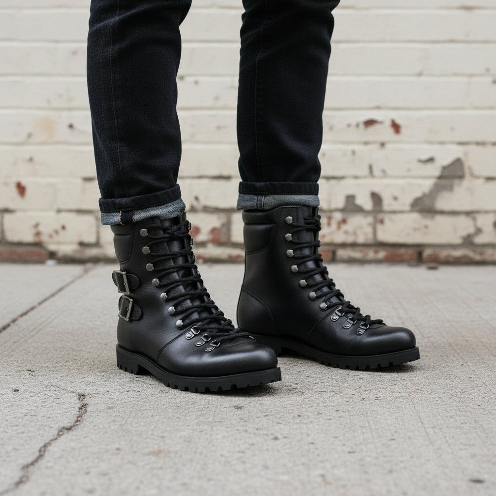Men's Black Plain-Toe Leather Hiker Boots