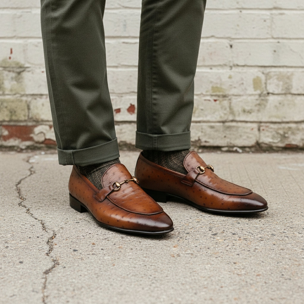 Men's Brown Ostrich-Embossed Leather Bit Loafers